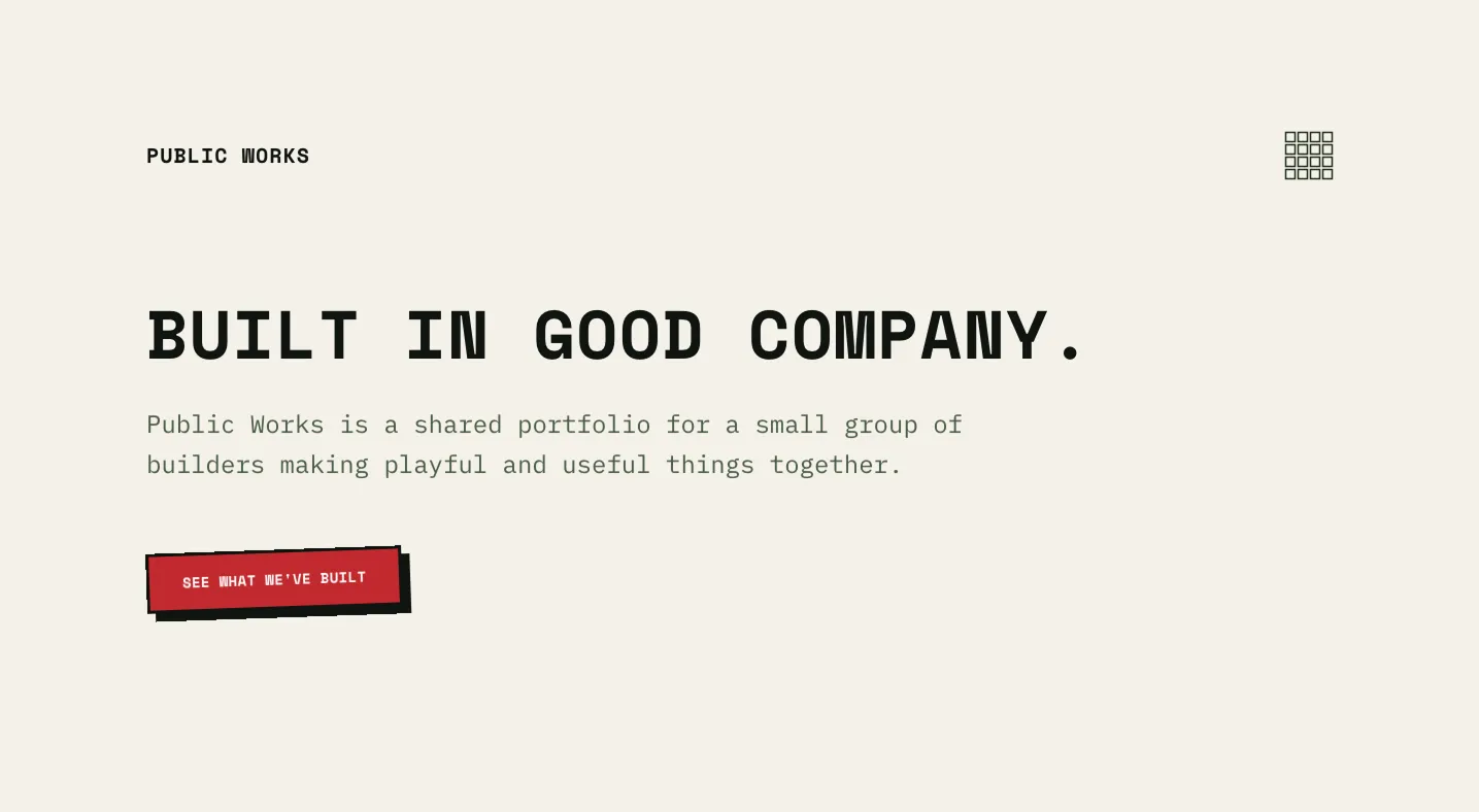 Screenshot of the Public Works website: “Built in good company”